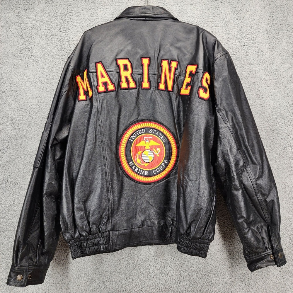 Vintage Diamond Plate 3X Genuine Leather US Marine Corps Jacket‎ Bomber Black